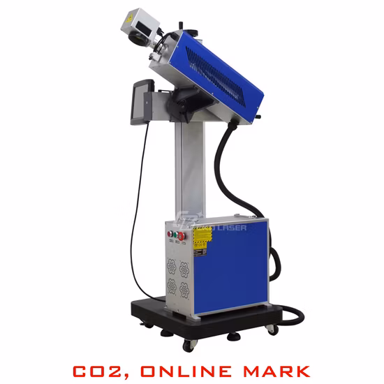 유통기한, 코딩, 로고 인쇄, 번호 마킹, 플라스틱 물병용 CO2 레이저 플라잉 머신, 제약, 화장품, 식품, PE, PP, 넘버링, 케이블 마킹